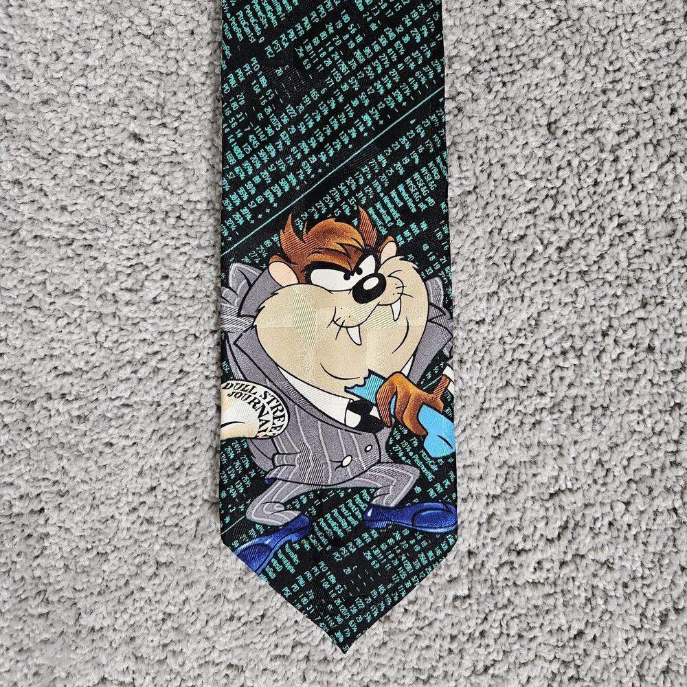 Vtg Looney Tunes Necktie Mens Green Taz Dull Street Journal Silk 1996 56"